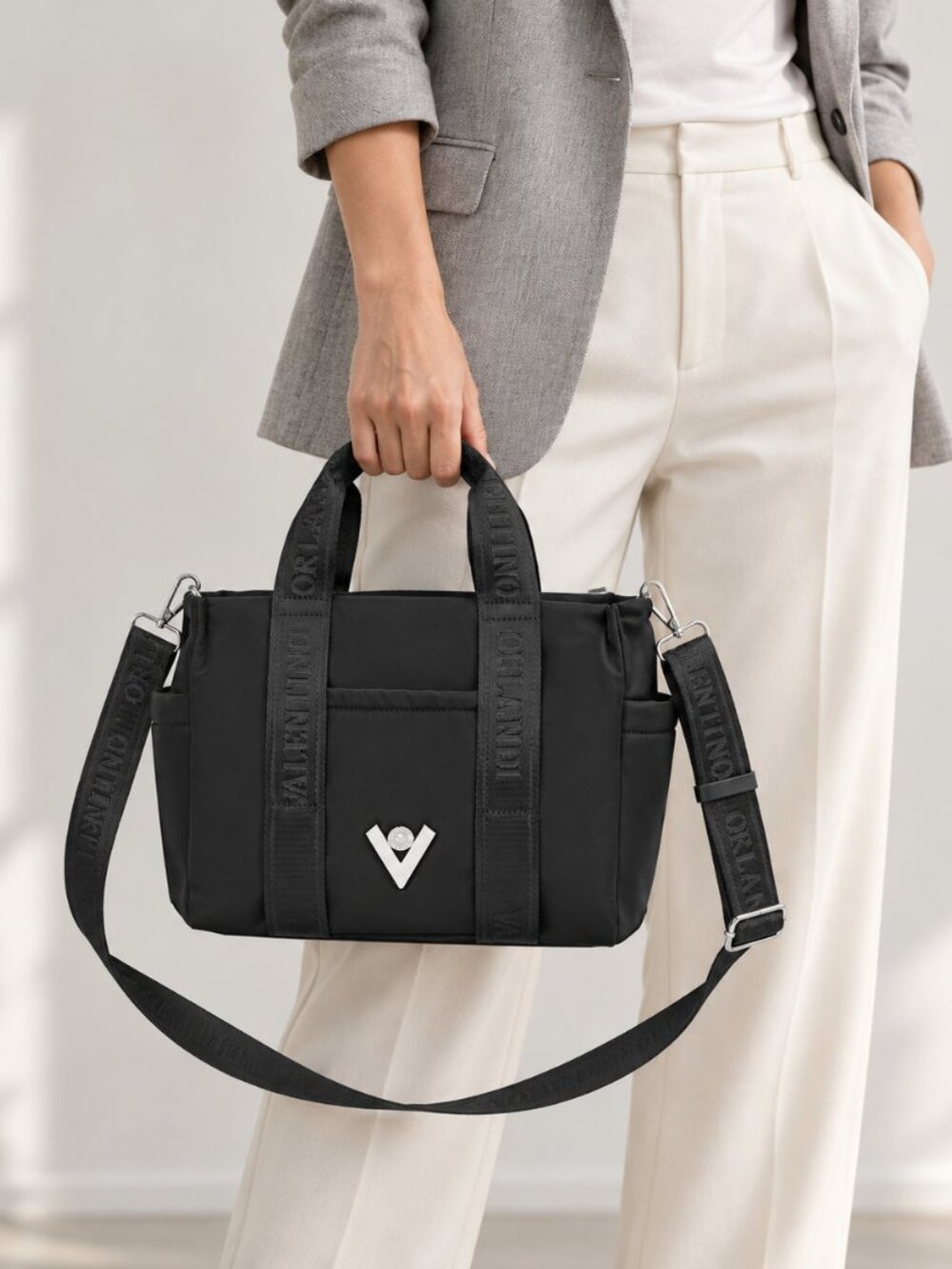 Valentino Orlandi Black Nylon Tote Crossbody Bag VOSB014 NWT